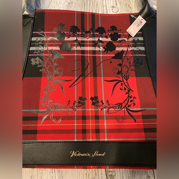 Victoria’s Secret plaid tartan floral red and black tote travel overnight bag - Picture 4 of 7